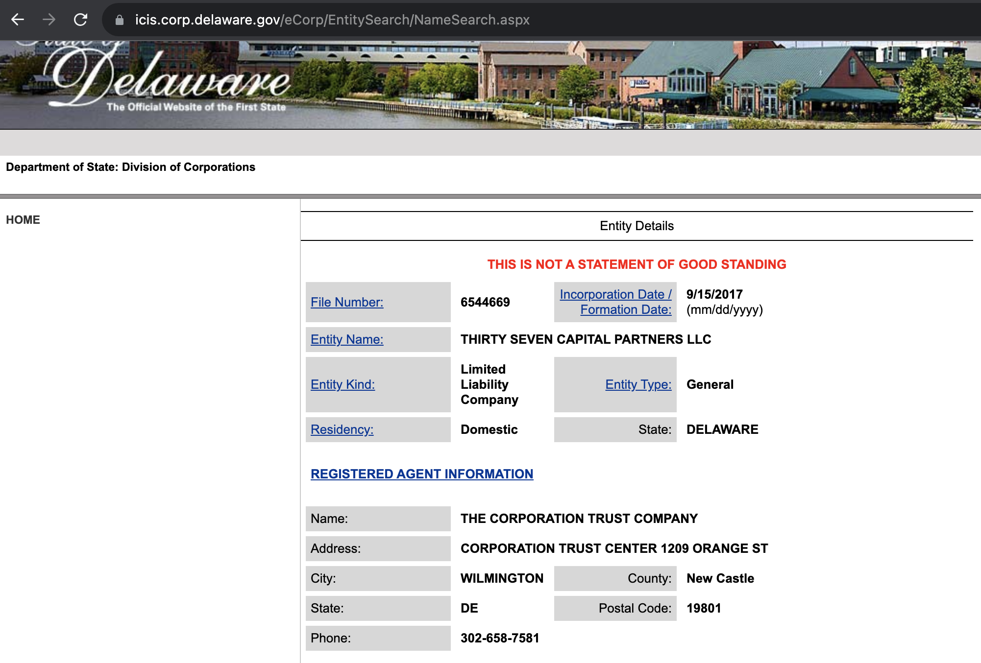 Delaware Incorporation - THIRTY SEVEN CAPITAL